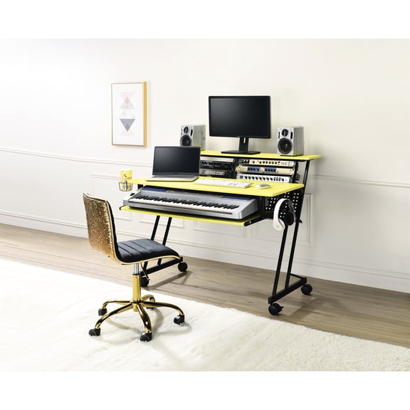 Music Studio Work Desk | Supports 61 - Key Keyboard, Caster Wheels for Convenience | Sturdy Metal and MDF Components | Solves Mobility and Stability Problems