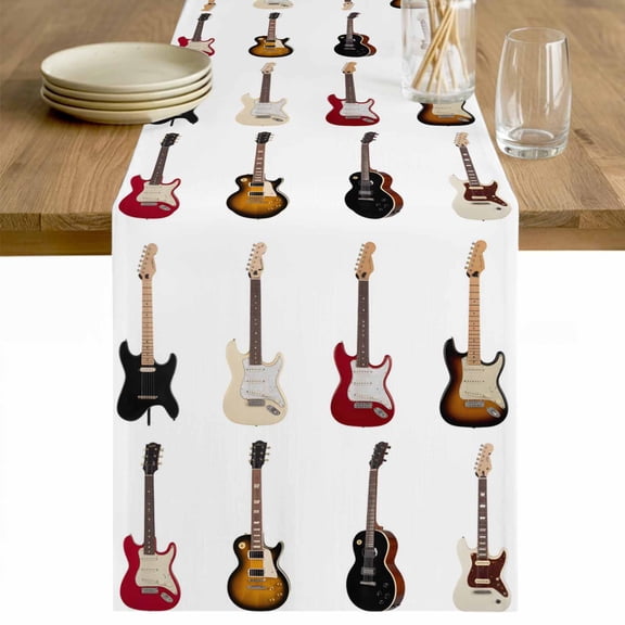 Music Table Runner - 90 Inch Long Red Beige Guitar Modern Art Cotton and Linen Blended Dress Scarves Farmhouse Table Runner for Kitchen Dining, Coffee Table, 13" x 90"