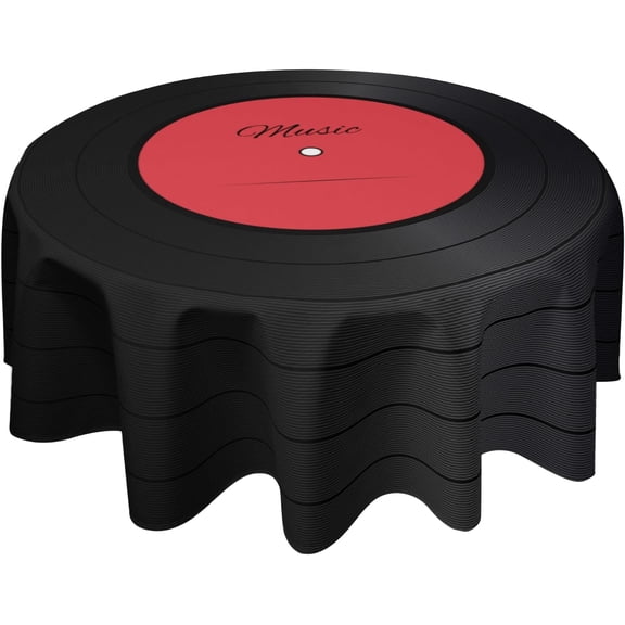 Music Tablecloth Round 60 Inch Vinyl Record Player Table Cloth Circle CD Shaped Table Cover Waterproof Wipeable Polyester Tabletop for Home Decor Dining Room Kitchen Party Picnic