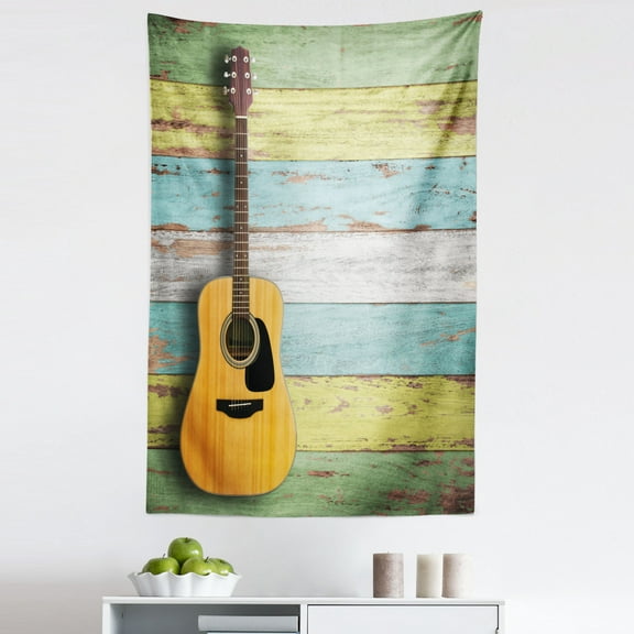 Music Tapestry, Acoustic Guitar on Colorful Painted Aged Wooden Planks Rustic Country Design Print, Fabric Wall Hanging Decor for Bedroom Living Room Dorm, 5 Sizes, Multicolor, by Ambesonne