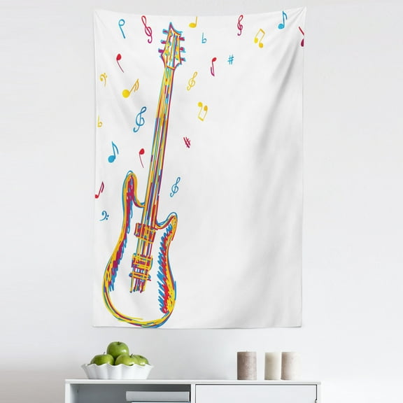 Music Tapestry, Doodle Style Illustration of Guitar Instrument with Musical Notes Hand Drawn Art, Fabric Wall Hanging Decor for Bedroom Living Room Dorm, 5 Sizes, Blue Red Yellow, by Ambesonne