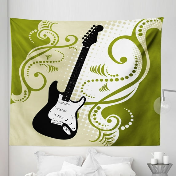 Music Tapestry, Electric Bass Guitar with Swirls Background Illustration, Fabric Wall Hanging Decor for Bedroom Living Room Dorm, 5 Sizes, Olive Green White Black, by Ambesonne