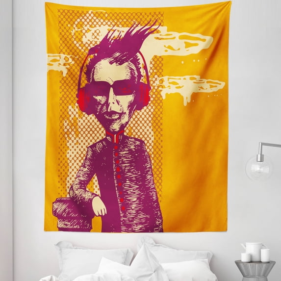 Music Tapestry, Grotesque Man in Headphones Listening Music Culture with Grunge Illustration, Fabric Wall Hanging Decor for Bedroom Living Room Dorm, 5 Sizes, Marigold Maroon, by Ambesonne