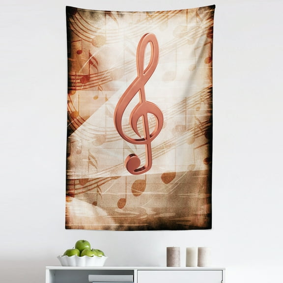 Music Tapestry, Grunge Design Abstract Notes Melody Art, Fabric Wall Hanging Decor for Bedroom Living Room Dorm, 5 Sizes, Champagne Burnt Sienna, by Ambesonne