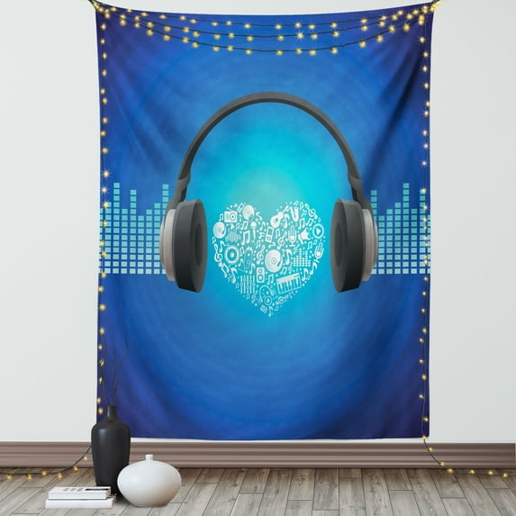 Music Tapestry, Headphones Earphones Heart Shape Disk on Circular Geometrical Background, Wall Hanging for Bedroom Living Room Dorm Decor, 60W X 80L Inches, Royal Blue and Grey, by Ambesonne