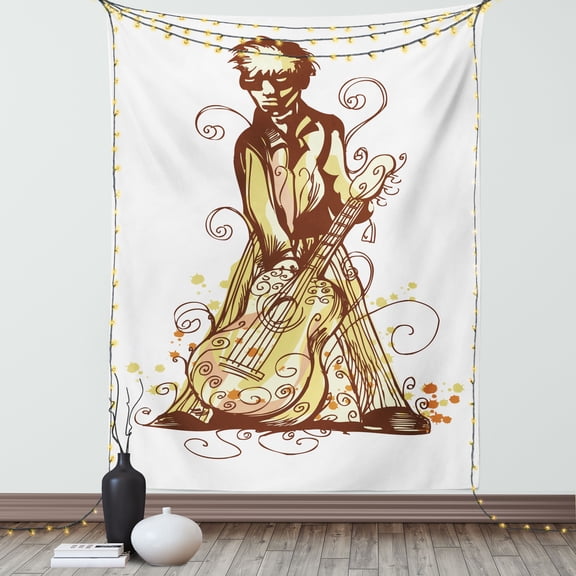 Music Tapestry, Illustration of a Musician in Floral Details Swirls and Strokes, Wall Hanging for Bedroom Living Room Dorm Decor, 60W X 80L Inches, Redbrown Mustard Amber and White, by Ambesonne