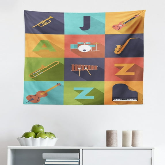 Music Tapestry, Jazz Band Playing on The Stage with Singer and Illustration of Neon Art Print, Fabric Wall Hanging Decor for Bedroom Living Room Dorm, 2 Sizes, Multicolor, by Ambesonne