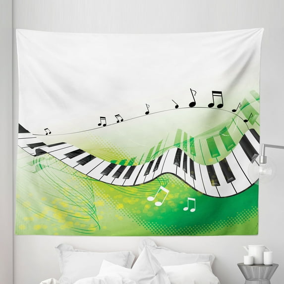 Music Tapestry, Music Piano Keys Curvy Fingerboard Summertime Entertainment Flourish, Fabric Wall Hanging Decor for Bedroom Living Room Dorm, 5 Sizes, Lime Green Black White, by Ambesonne