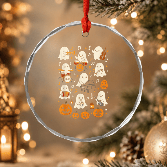 Music Teacher Orchestra, Halloween Ghost Band Ornament, Classroom Holiday Gift, Circle Glass Ornament