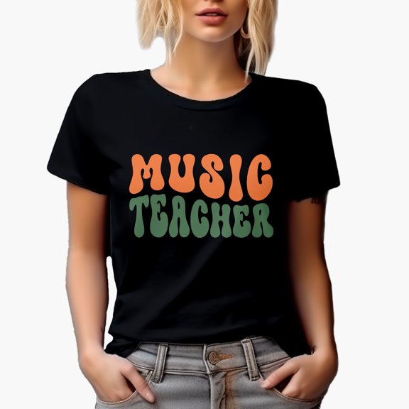 Music Teacher, School or Teaching Themed, Groovy Retro Wavy Text Merch Gift, Black T-Shirt, Small