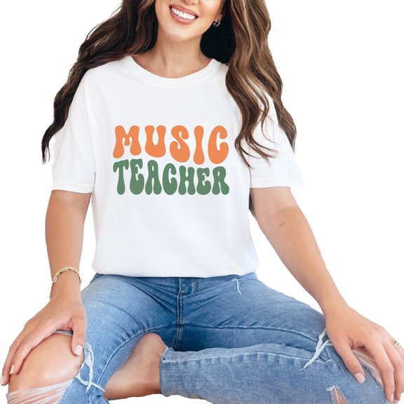 Music Teacher, Teaching Music Themed, Groovy Retro Wavy Text, White Comfort Colors T-Shirt, Medium