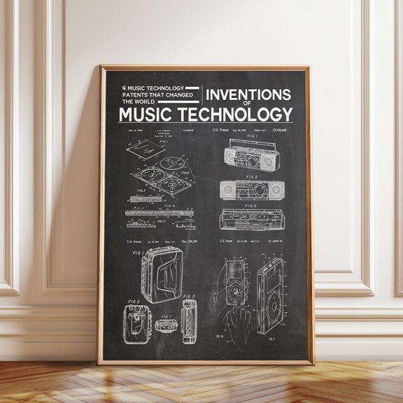 Music Technology Evolution Retro Audio Patents Artwork, Unframed Paper Poster 8x10in