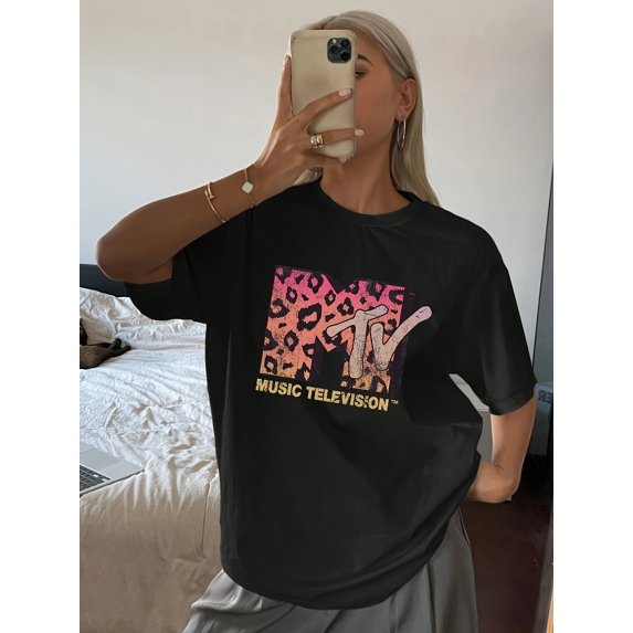 Music Television Logo Print T-Shirt, Leopard Pattern + Available in Petite or Plus Size + Fashion Slim Fit Crew Neck Short Sleeve Tee, Summer/Spring Women's Top