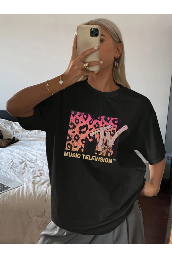 Music Television Logo Print T-Shirt, Leopard Pattern + Available in Petite or Plus Size + Fashion Slim Fit Crew Neck Short Sleeve Tee, Summer/Spring Women's Top
