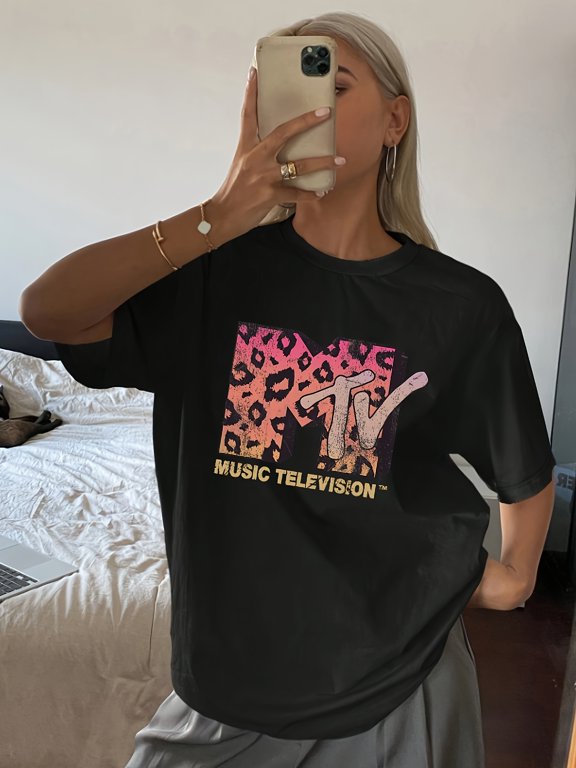 Music Television Logo Print T-Shirt, Leopard Pattern + Available in Petite or Plus Size + Fashion Slim Fit Crew Neck Short Sleeve Tee, Summer/Spring Women's Top