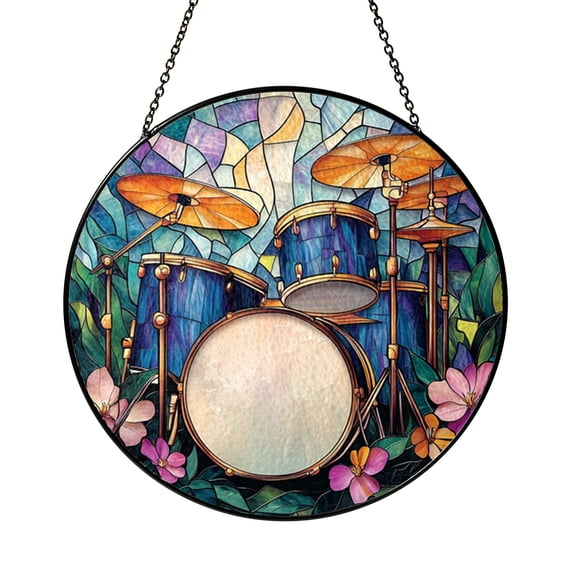 Music Theme Blue Drum Set Stained Glass Style Window Hanging