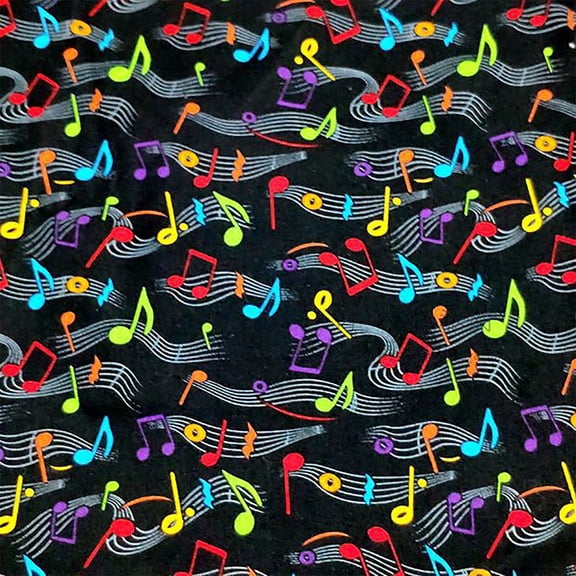 Music Theme Cotton Fabric By Yard - 110 X 50cm Length Black Background With Colourful Musical Notes, Treble Clef Print - Plain Weave Craft Material for Clothing, DIY Projects