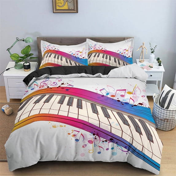 Music Theme Duvet Cover Microfiber Musical Symbols Comforter Cover Violin Piano Pattern Bedding Set