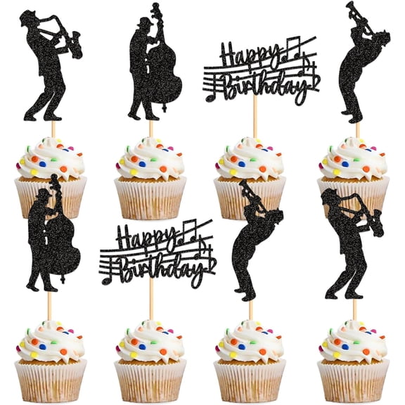 Music Theme Happy Birthday Cupcake Toppers, Black Glitter, Saxophone, Cello, Musical Notes, 12 Pack Party Decorations