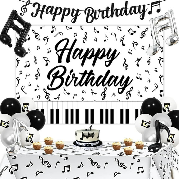 Music Theme Party Decoration Set, Music Happy Birthday Banner Backdrop Music Note Tablecloth Foil Balloon Black White Silver Balloons for Kids Adults Music Birthday Decoration