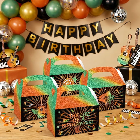 Music Theme Party Favor Boxes - Sparkle Gradient Design with Musical Elements for Birthday & Celebration Events