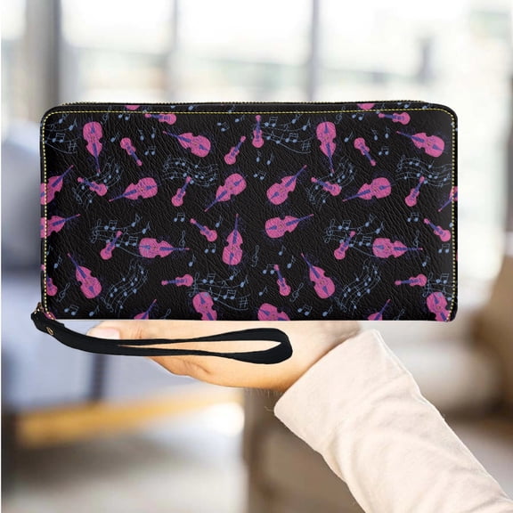 Music Theme Printed Wallet Ladies Leather Casual Long Wristband Wallet Travel Party Portable Card Holder Fashion Clutch Bag