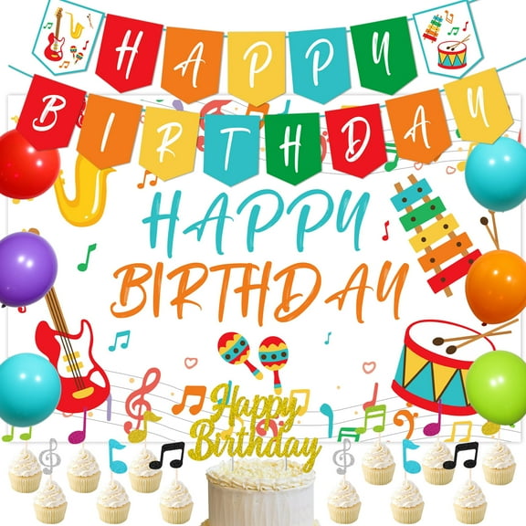 Music Themed Birthday Party Decorations, Happy Birthday Banner Background Cloth, Latex Balloons Cake Toppers for Baby Shower Kids Birthday Party Supplies