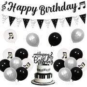 Music Themed Birthday Party Decorations, Music Happy Birthday Banner Music Notes Birthday Bunting Pennant Banner Black White Balloons Cake Topper for Kids Adults Birthday Party Supplies