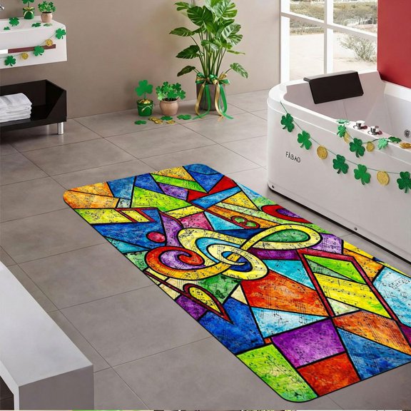 Music-Themed Floor Mat Set, Treble Clef & Geometric Pattern, Non-Slip PVC Backing, Machine Washable for Entryway, Kitchen, Bedroom, Living Room, Laundry, Artistic Gift