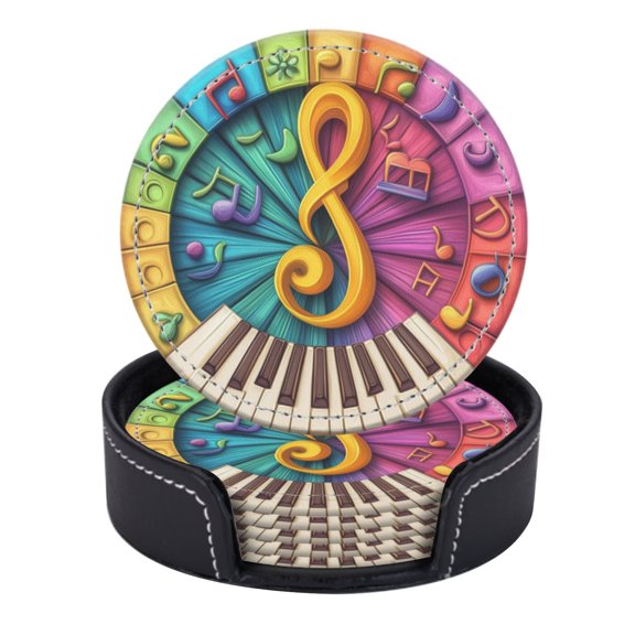 PU Leather Coasters for Drinks Bar Beer,Set of 6 with Holder,Round Housewarming Gift,Music-Themed Round Emblem Featuring Musical Notes