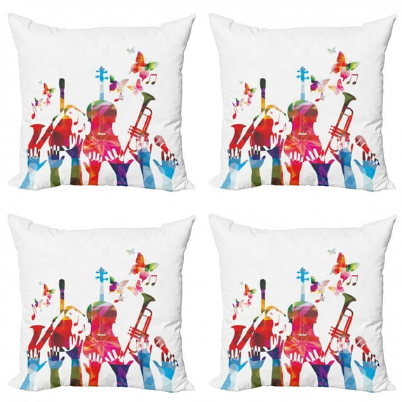Music Throw Pillow Cushion Case Pack of 4, Abstract Colorful Polygonal Instruments Hands and Butterflies Concert, Modern Accent Double-Sided Print, 4 Sizes, Multicolor, by Ambesonne