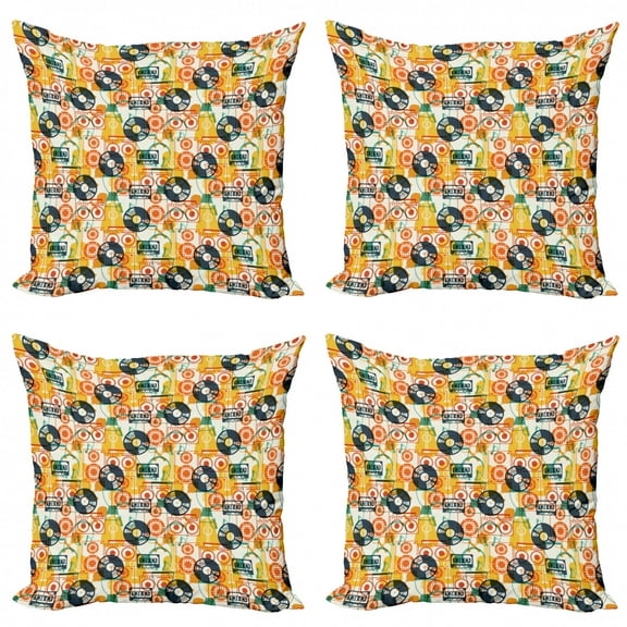 Ambesonne Music Throw Pillow Cover 4 Pack, Cassette Radio Vinyl, 24", Multicolor