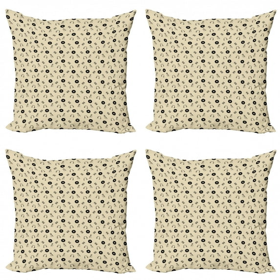 Ambesonne Music Throw Pillow Cover 4 Pack, Retro Records Headphones, 16", Cream Black