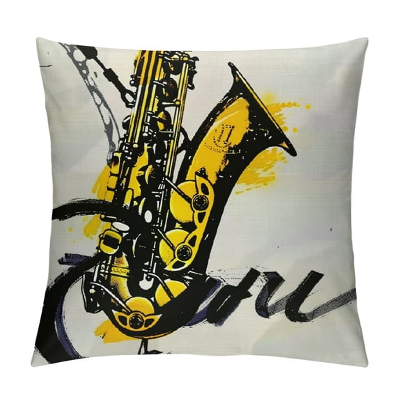 Music Throw Pillow Cushion Cover, Classic Painting of Jazz Saxophone Print on Plain Background Vintage Style Sketch, Decorative Square Accent Pillow Case,