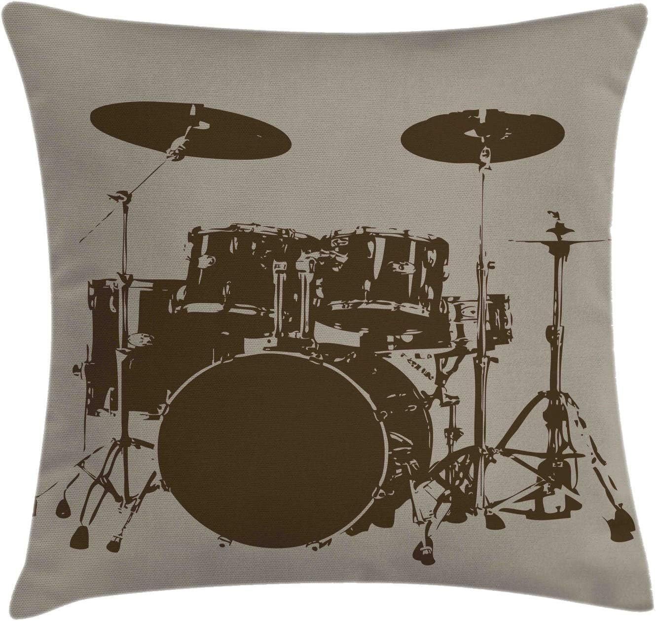 Music Throw Pillow Cushion Cover, Grunge Drum Kit for Bass Rythm Lovers