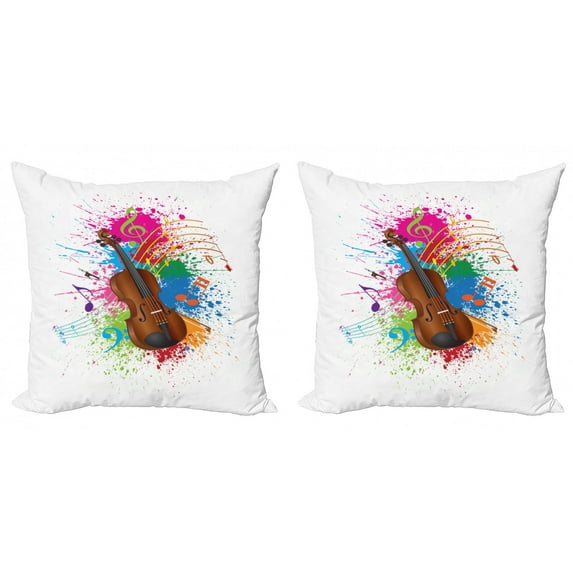 Ambesonne Music Throw Pillow Cover 2 Pack, Color Splashes Violin Art, 20", White and Multicolor