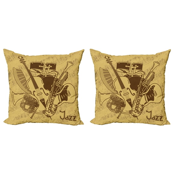 Ambesonne Retro Throw Pillow Cover 2 Pack, Jazz Music Equipments, 16", Cream Brown