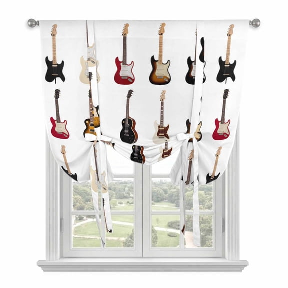 Music Tie Up Curtains for Windows, Adjustable Balloon Window Shades, Red Beige Guitar Modern Art Kitchen Window Treatments Farmhouse Short Curtains with Rod Pocket 42"x45"