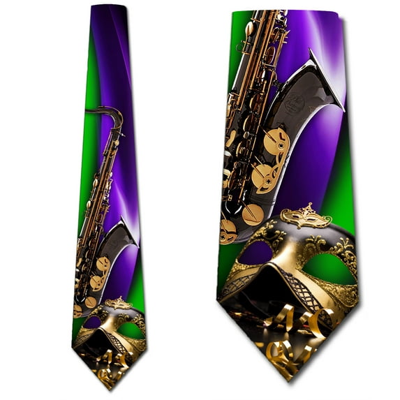 Music Ties Mens Mardi Gras Saxophone and Mask Necktie by Three Rooker