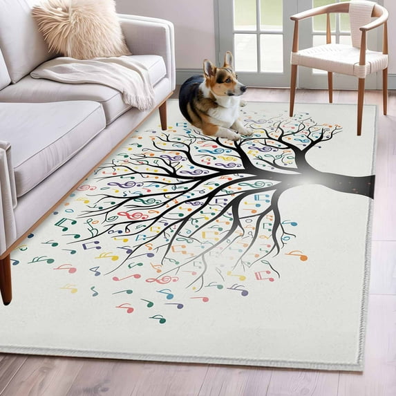 Music Tree Area Rugs 4x6 ft Modern Colorful Notes Tree Washable Rug Non Slip Indoor Carpet Absorbent Floor Mat for Living Room Bedroom Dining Room