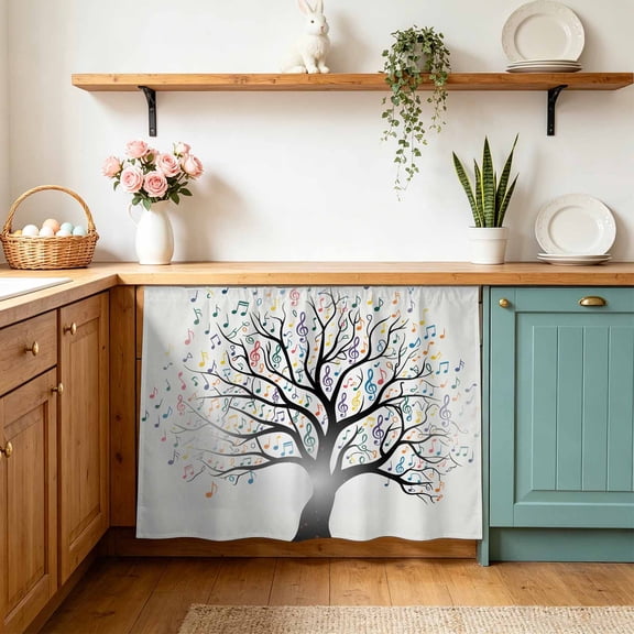 Music Tree Cabinet Curtains 10" W x 11" L Modern Colorful Notes Tree Waterproof Adhesive Kitchen Under Sink Curtain Dust-Proof Dishwasher Skirt for Closet