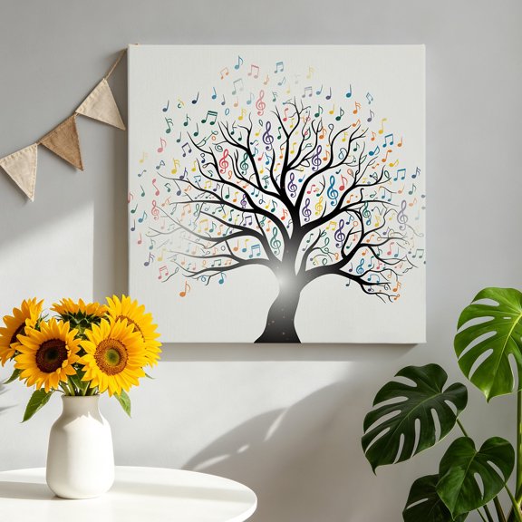 Music Tree Canvas Wall Art, Modern Colorful Notes Tree Framed Canvas Wall Decor Picture Print Artwork Decorations for Living Room Office Ready to Hang 8" x 8"