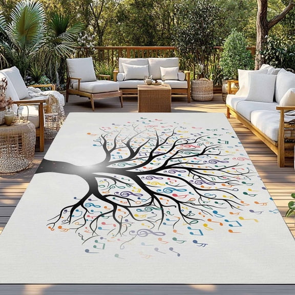 Music Tree Indoor Outdoor Rugs 6x9 Ft, Modern Colorful Notes Tree Outdoor Patio Rugs Mat Washable Outside Area Rugs Carpet for Porch Deck RV Camping Pool Balcony Backyard