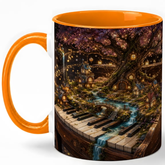 Music Tree Village 11oz Ceramic Mug, Whimsical Piano Coffee Cup