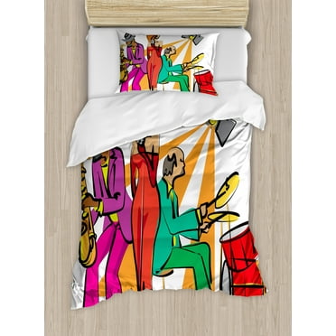 Music Twin Size Duvet Cover Set, Jazz Band Playing on the Stage with Singer and Illustration of Neon Artwork Print, Decorative 2 Piece Bedding Set with 1 Pillow Sham, Multicolor, by Ambesonne