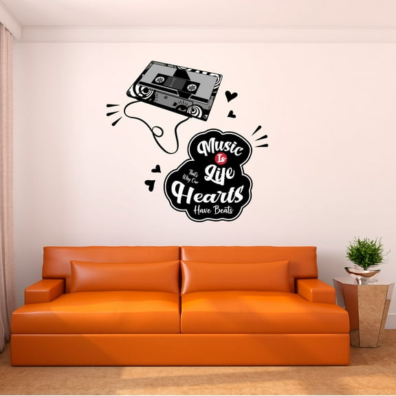 Music Wall Decal 90's Nostalgic Audio Cassette Bedroom Wall Decal for Children Instrument Cute Themed Room Décor - Size: 10 In x 10 In