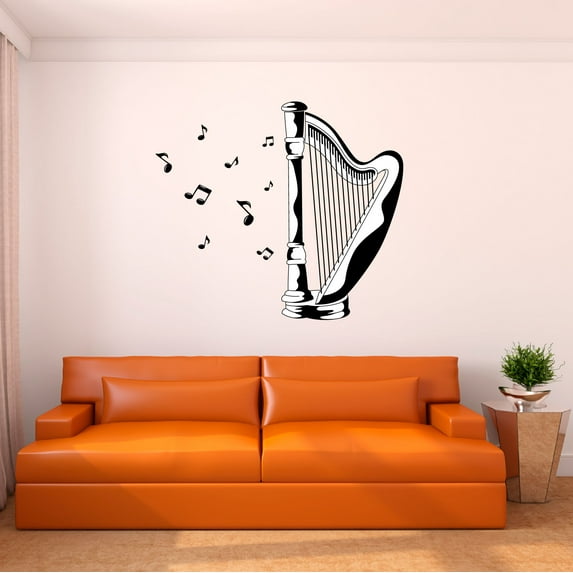 Music Wall Decal Classical Rocking Harp Silhouette with Musical Notations Bedroom Wall Decal for Children Instrument Cute Themed Room Décor - Size: 40 In x 36 In