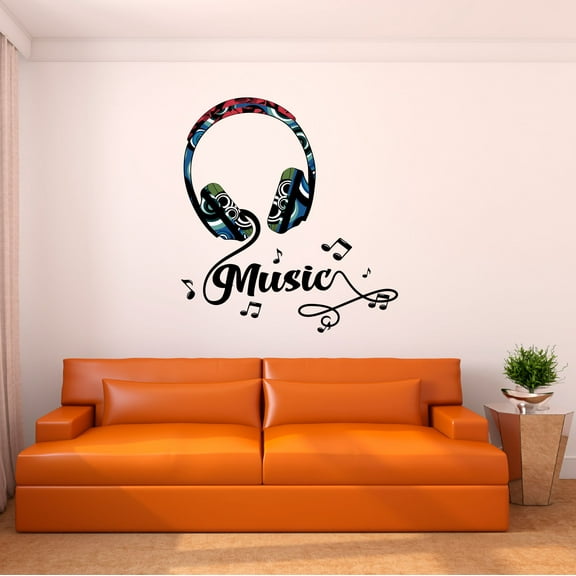 Music Wall Decal Dj Headphones Geometric Pattern with Musical Notes Bedroom Wall Decal for Boys Instrument Cute Themed Room Decal - Size: 9 In x 10 In