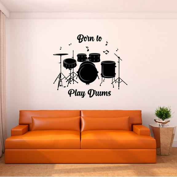 Music Wall Decal Drummer Set Silhouette and Musical Notes Bedroom Wall Decal for Children Instrument Cute Themed Room Décor - Size: 10 In x 9 In