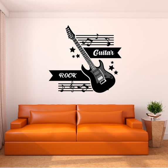 Music Wall Decal Guitar Silhouette and Musical Notes Playroom Wall Decal for Children Instrument Cute Themed Room Décor - Size: 40 In x 36 In